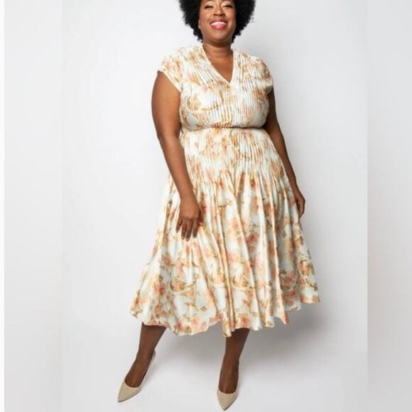 Vince Floral Print Plisse V-Neck Cap Sleeve Midi Dress Plus Size 1X NWT - Picture 1 of 8